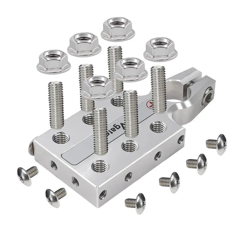 Beefy 16-Way Lead Acid Battery Post Terminal Ends With Distribution Block Bus Bar For 8 AWG Up To 4/0 XL Gauge Positive And Negative For SAE DIN EN Tapered Top Posts, silver metal terminals with bolts