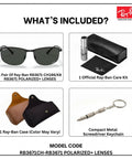 Contents of RB3671CH Square Round Polarized Sunglasses set with case, care kit, and screwdriver keychain