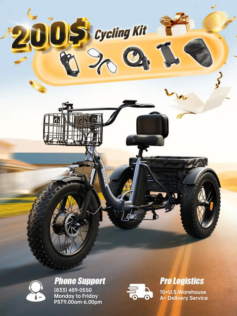 Electric Tricycle For Adults 1200W Peak Power 36V 20Ah Battery 75 Mile Range Large Rear Basket 20 Inch Fat Tire 3 Wheel Folding Ebike Max 20 MPH Lava Color Easy Fold Comfortable Daily Cruiser with front basket and rear cargo box