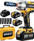 Daily Driver Half Inch Cordless Impact Wrench Kicks Loose Rusted Bolts Using A Smooth Brushless Motor Producing Nine Hundred Fifty Eight Foot Pounds Of Torque Includes Dual Heavy Duty Batteries And Fast Charger For Home Builds, showcasing battery, charger, and accessories.