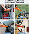Plug And Play Portable Rechargeable Fuel Transfer Pump Three Gallons Per Minute For Gasoline And Diesel No Fuss Refueling For Tractors Lawn Mowers Utility Equipment Battery Siphon Pump in use on car, lawn mower, motorcycle, and generator.
