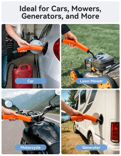 Plug And Play Portable Rechargeable Fuel Transfer Pump Three Gallons Per Minute For Gasoline And Diesel No Fuss Refueling For Tractors Lawn Mowers Utility Equipment Battery Siphon Pump in use on car, lawn mower, motorcycle, and generator.