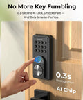 Smart Deadbolt Keyless Entry Door Lock Boasting AI Powered Fingerprint Recognition That Slips in Under Half A Second plus Bluetooth App Integration and Keypad Backup Provide Gnarly Convenience and Secure Peace of Mind in Slick Black, close-up view of fingerprint scanner.