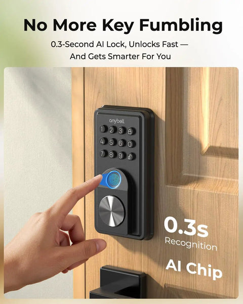 Smart Deadbolt Keyless Entry Door Lock Boasting AI Powered Fingerprint Recognition That Slips in Under Half A Second plus Bluetooth App Integration and Keypad Backup Provide Gnarly Convenience and Secure Peace of Mind in Slick Black, close-up view of fingerprint scanner.