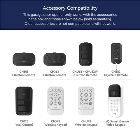 Remote controls and keypads compatible with Half Horsepower Chain Drive Smart Garage Door Opener With Battery Backup And MyQ Connectivity