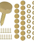 Knock Those Ugly Threads Aside With Our Premium Solid Brass Screw Covers This Sixteen Piece Set Of Retro Decorative Hardware Caps Delivers A Snazzy Vintage Look Forever, featuring golden screw caps and screws.