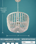 4 Light 17 Inch Wood Beaded Pendant Chandelier With White Finish Boho Style Semi Flush Mount Ceiling Light Fixture