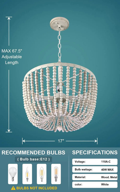 4 Light 17 Inch Wood Beaded Pendant Chandelier With White Finish Boho Style Semi Flush Mount Ceiling Light Fixture