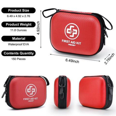 Front view: red mini first aid kit with waterproof EVA hard shell, 150-piece contents, carabiner.