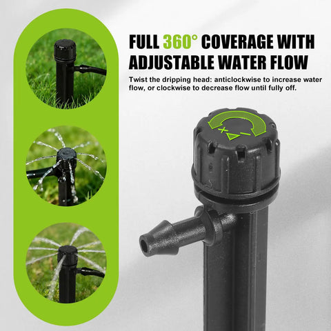 Close-up of 60 Piece 360 Degree Drip Irrigation Emitters For 1 Quarter Inch Tubing Durable Plastic Drippers with water flow adjustment