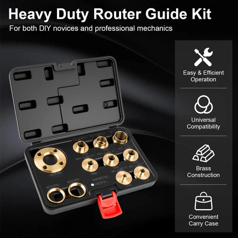 11-piece brass router bushing guide set in a black carrying case with red latch, includes assorted bushings and adapter