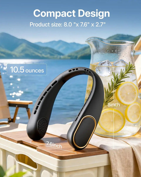Neck Fan Portable Personal Cooling Device With 5000mAh Rechargeable Battery, Hands Free Wearable Bladeless Design next to lemon water jar.