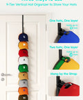 Heavy Duty Metal Hat Organizer For Baseball Caps Over The Door Cap Rack Holds Eighteen Plus Pieces, displaying nine hats on a door.
