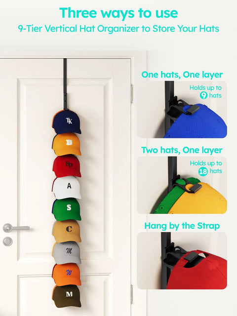 Heavy Duty Metal Hat Organizer For Baseball Caps Over The Door Cap Rack Holds Eighteen Plus Pieces, displaying nine hats on a door.
