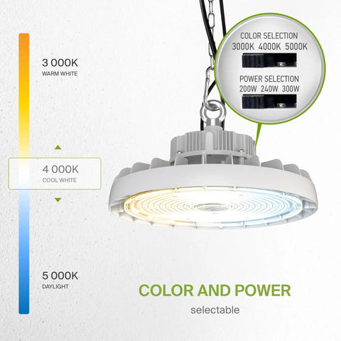 Beefed Up 300W LED High Bay UFO Light For Warehouses, Dimmable, 3 CCT 3000K 4000K 5000K, hanging installation view