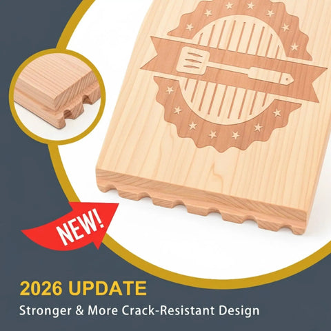 Beech wood BBQ grill scraper with a grooved edge, featuring engraved design for pro barbecues, bristle-free cleaner