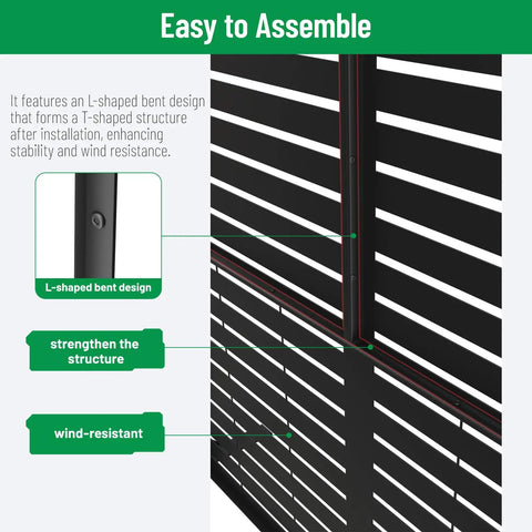 Close-up of Weatherproof Metal Privacy Screen Panels For Outdoor Balconies Patios And Pools Black Louvered Design showing easy assembly