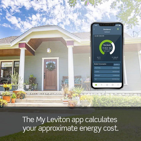 Smart Data Hub For Home Automation With Go Wireless Or Ethernet Connectivity Plug On Circuit Breakers Color Indicator Handles And LED Status Easy Setup Real Time Monitoring And Control app interface displayed on smartphone in front of house.