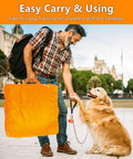 Man carrying All In One Dog Agility Training Kit while shaking hands with a golden retriever in a city setting.