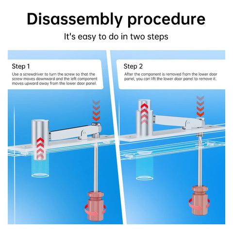 Disassembly procedure for a heavy duty pivot hinge, showing step-by-step removal instructions for stainless steel hidden door hinge.
