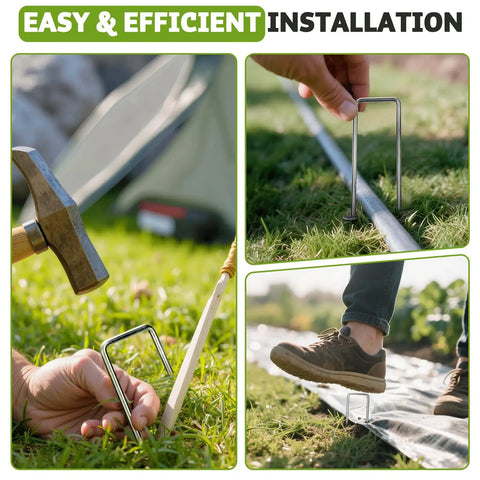Heavy Duty 12 Inch Galvanized Landscape Staples For Weed Barriers And Lawn Projects installed with hammer and foot