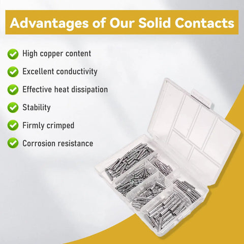 DT Series Connector Terminal Kit 200 Pcs Crimp Pins and Sockets with box showing advantages like conductivity and corrosion resistance