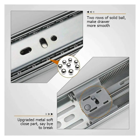Close-up of Heavy Duty Full Extension Drawer Slides 22 Inch Pair with soft close latch and metal ball bearings.