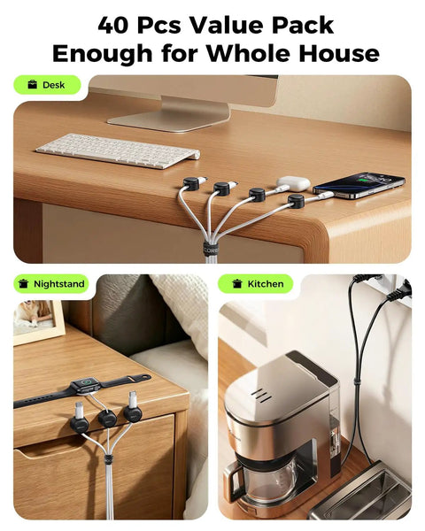 Ultimate Cable Management Kit With 10 Magnetic Rotatable Clips And 40 Reusable Velcro Cord Straps organizing cords on desk, nightstand, kitchen.