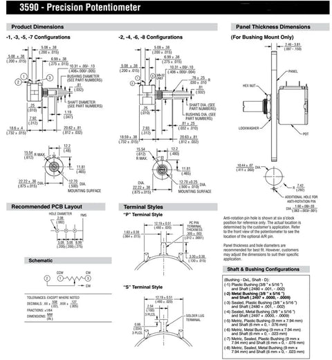 Technical diagram of 10K 3590S Multiturn Wire Wound Rotary Potentiometer With Knob Cap For DIY Electronics High Accuracy Adjustable Resistor