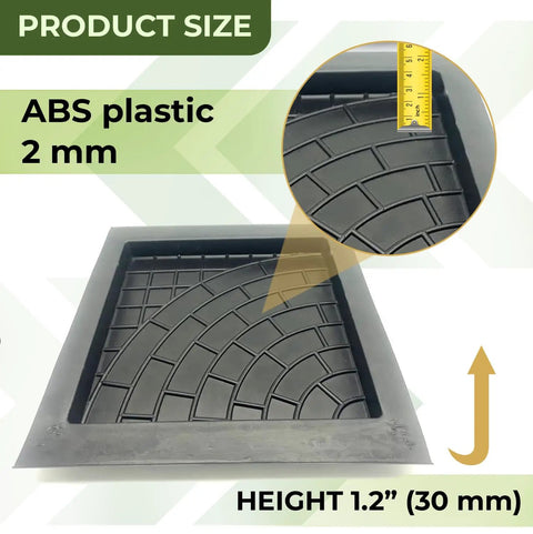 Close-up of Four Piece Plastic Concrete Molds Set for DIY Paving Pathways Cobblestone Look, showing ABS plastic and size 11.8 in