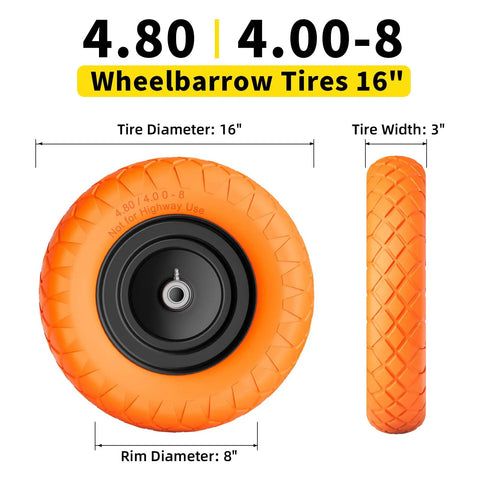 Flat Free 16 Inch Wheelbarrow Tire And Wheel Set Puncture Proof Solid 4.8 4.0 8 Tire Fits 5/8 And 3/4 Bearing 400 Lb Load