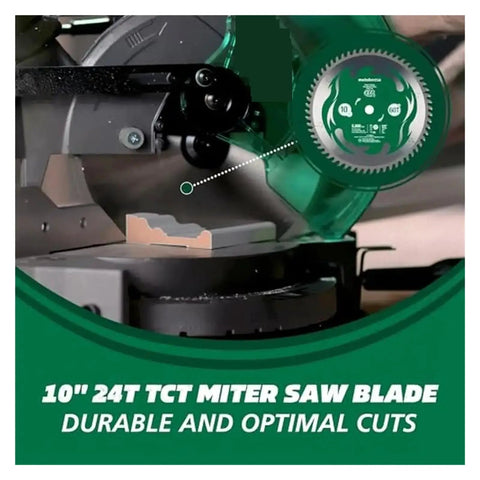Close-up of 10" 24T TCT miter saw blade on Portable Table Saw With Compound Miter Saw Base cuts like butter through wood.