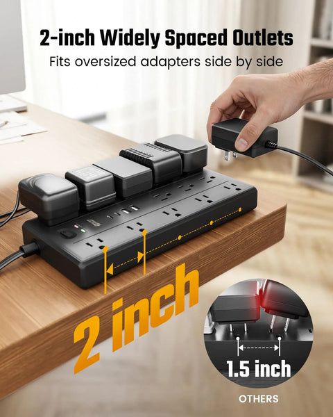 10 Ft Heavy Duty Extension Cord With 13 Hella Spacious Ac Outlets And Dual Usb A Type C Fast Charging Rock Solid Surge Protector Power Strip showcasing 2-inch widely spaced outlets for oversized adapters.