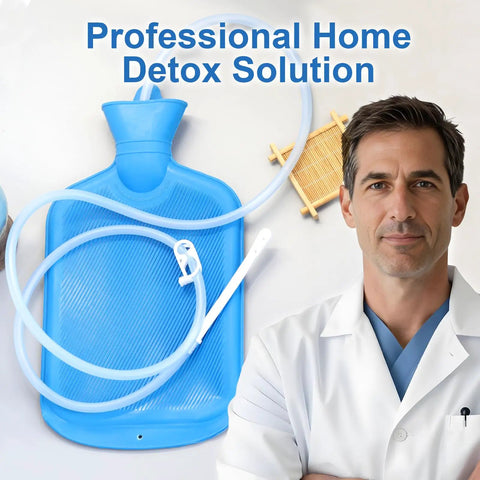 Home Use Colon Cleanse Enema Bag Kit 2L With 4 Tip Nozzles and flow control clamp displayed with smiling man