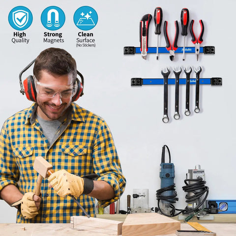 Man woodworking with tools on Six Piece 12 Inch Magnetic Tool Holder Strips With Mounting Brackets For Garage Organization Blue Metal Tool Organizer Rack Easy To Install With Screws Included