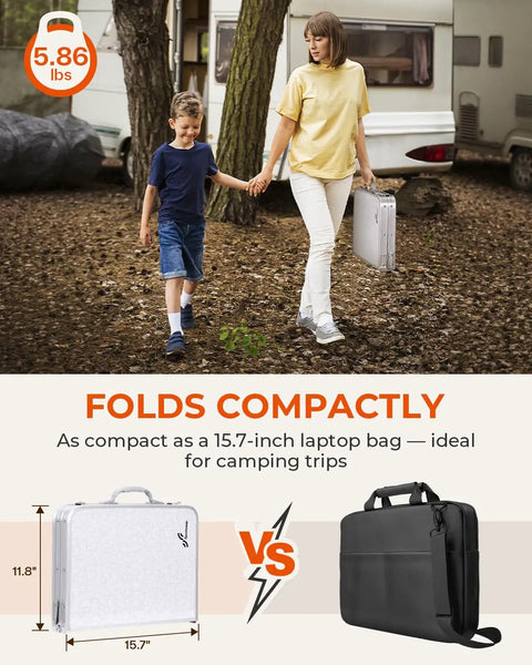 Mother and child holding folded Adjustable Camping Table Folding Lightweight 5Lb Table With Four Height Levels at campsite