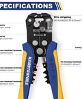 Specifications for Self Adjusting Wire Stripper And Cutter With Crimping, showing wire stripping and crimping features for 10-24 AWG