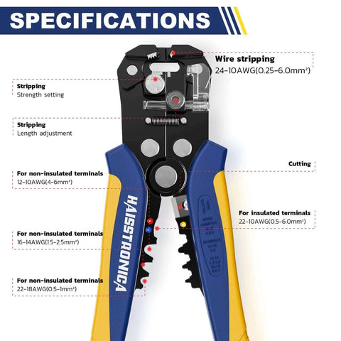 Specifications for Self Adjusting Wire Stripper And Cutter With Crimping, showing wire stripping and crimping features for 10-24 AWG
