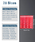 Nut and bolt thread checker gauge, front view; red gauge board with 14 metric and 14 standard thread sizes.