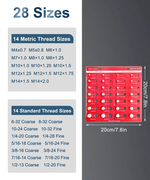 Nut and bolt thread checker gauge, front view; red gauge board with 14 metric and 14 standard thread sizes.