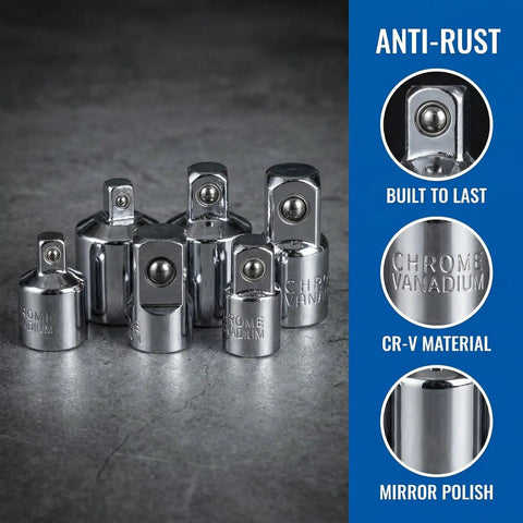 Six Piece Socket Adapter And Reducer Set For One Quarter, Three Eighths, And One Half Inch Drives With Must Have Pro Grade Conversions