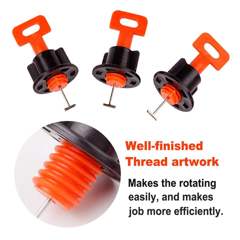 Professional Tile Leveling System Kit with 200 tile levelers showing thread design for easy rotation and smooth grout lines