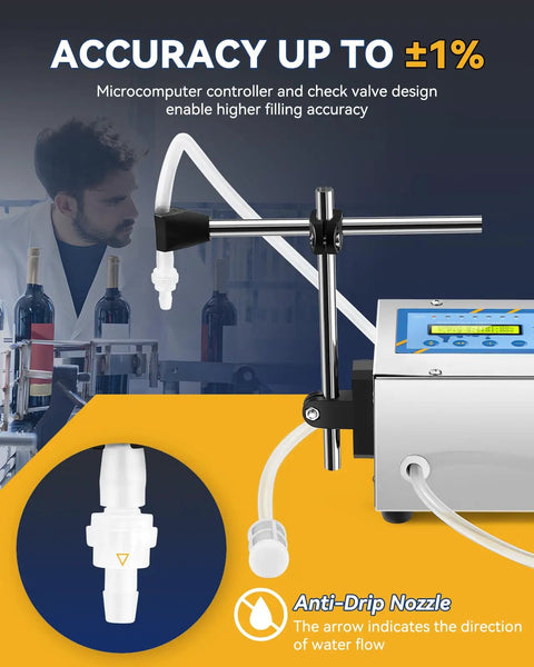 Automatic Liquid Filling Machine Makes Bottling A Cinch With One Touch Digital Control showing anti-drip nozzle and microcontroller for accuracy.