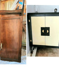 Comparison of a wooden cabinet before and after refacing with painted doors and brass mini folding butt hinges.