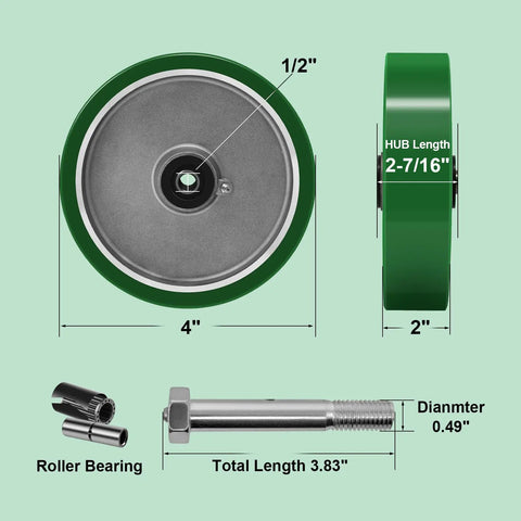 Beefy 8 Inch By 2 Inch Polyurethane Casters With Aluminum Wheel And Roller Bearing One Half Inch Bore dimensions and components