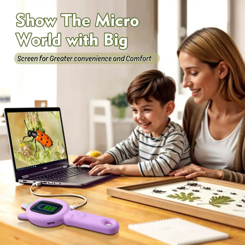 500X Handheld Microscope For Curious Explorers With Dual Camera, Switch Between Microscope And Photo Modes, Capture Clear Photos Or Short Videos For Homework, TF Card Required, Purple Finish For Dope Learning, shown with laptop and child