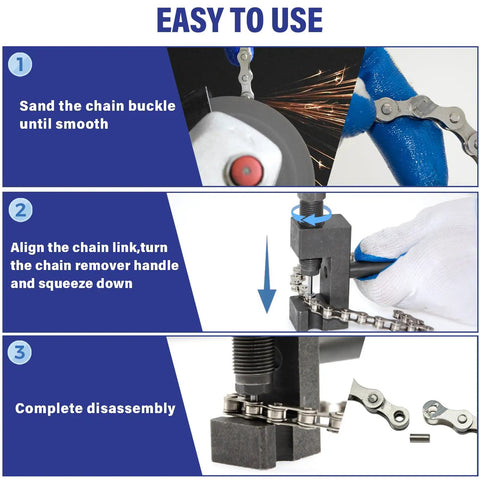 Steps showing how to use Heavy Duty Chain Breaker And Rivet Tool Set 19 Piece Chain Link Cutter Kit for 25 to 930 chain sizes.
