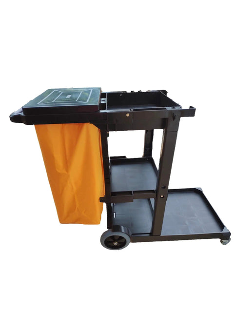 Workhorse Janitorial Cart On Wheels With Three Shelves Raised Edges For Tools And Side Hooks For Mops And Brooms 25 Gallon Bag With Lid And 66 Lb Capacity 330 Lb Load Stable Smooth Movement Built For Real Busy Cleanups