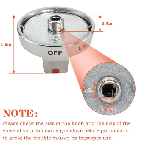 Stove Knob Replacement Kit 5 Pack For Gas Range Oven Cooktop Controls Easy Grip Durable Replacement Knobs with measurements.