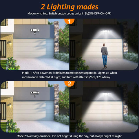 Motion Sensor Outdoor Flood Light With Three Adjustable Heads illuminating driveway in two modes, IP65 waterproof security floodlight